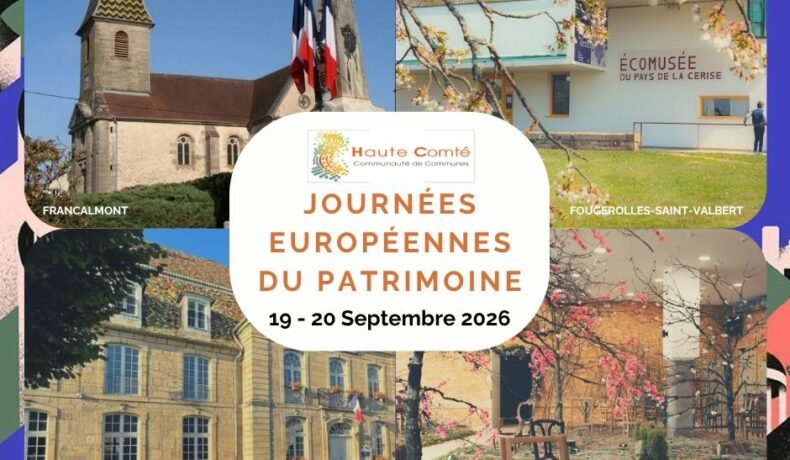 Affiche des Journées Européennes du Patrimoine 2026 de la Haute Comté présentant les communes de Francalmont, Fougerolles-Saint-Valbert, Vauvillers et Saint-Loup-sur-Semouse.